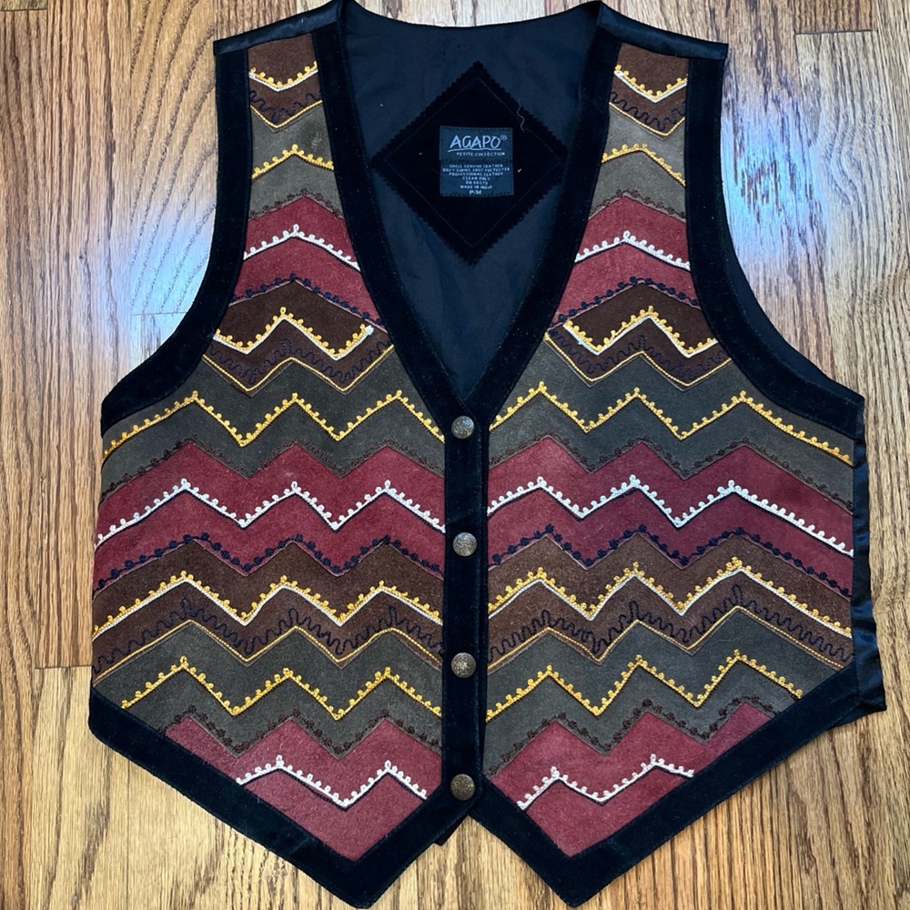 VTG 90s Agapo Vest Boho Southwestern Chevron Leather Hippie Snap Western PMed